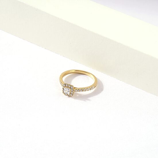 Certified (F / Si1) Womens 1/2 CT. T.W. Lab Grown White Diamond 10K Gold Cushion Side Stone Halo Engagement Ring