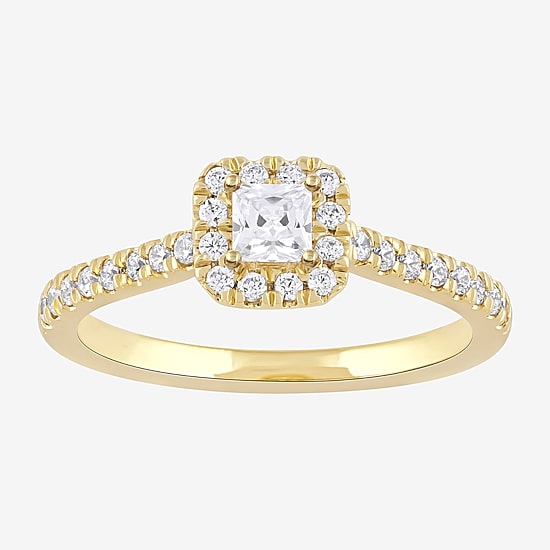 Certified (F / Si1) Womens 1/2 CT. T.W. Lab Grown White Diamond 10K Gold Cushion Side Stone Halo Engagement Ring