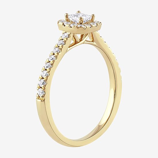 Certified (F / Si1) Womens 1/2 CT. T.W. Lab Grown White Diamond 10K Gold Cushion Side Stone Halo Engagement Ring
