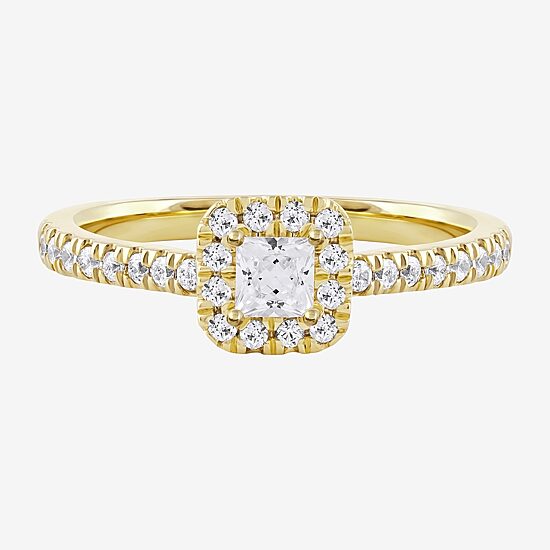 Certified (F / Si1) Womens 1/2 CT. T.W. Lab Grown White Diamond 10K Gold Cushion Side Stone Halo Engagement Ring