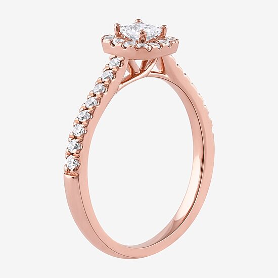 Certified (F / Si1) Womens 1/2 CT. T.W. Lab Grown White Diamond 10K Gold Side Stone Halo Engagement Ring