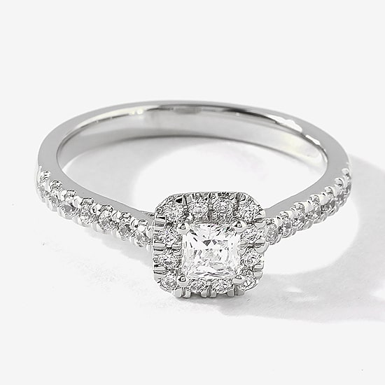 Certified (F / Si1) Womens 5/8 CT. T.W. Lab Grown White Diamond 10K Gold Cushion Side Stone Halo Engagement Ring