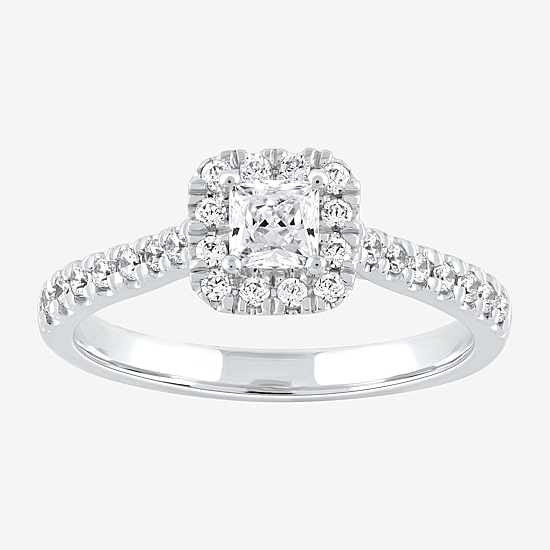 Certified (F / Si1) Womens 5/8 CT. T.W. Lab Grown White Diamond 10K Gold Cushion Side Stone Halo Engagement Ring