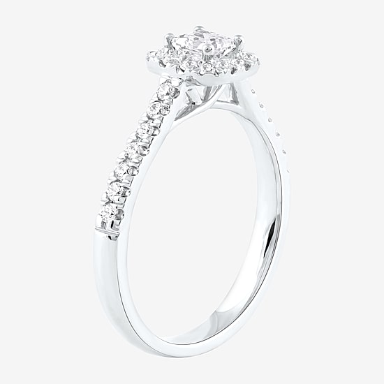 Certified (F / Si1) Womens 5/8 CT. T.W. Lab Grown White Diamond 10K Gold Cushion Side Stone Halo Engagement Ring