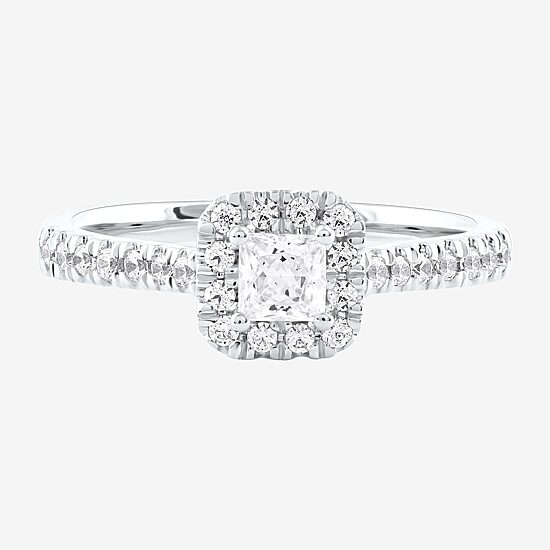 Certified (F / Si1) Womens 5/8 CT. T.W. Lab Grown White Diamond 10K Gold Cushion Side Stone Halo Engagement Ring