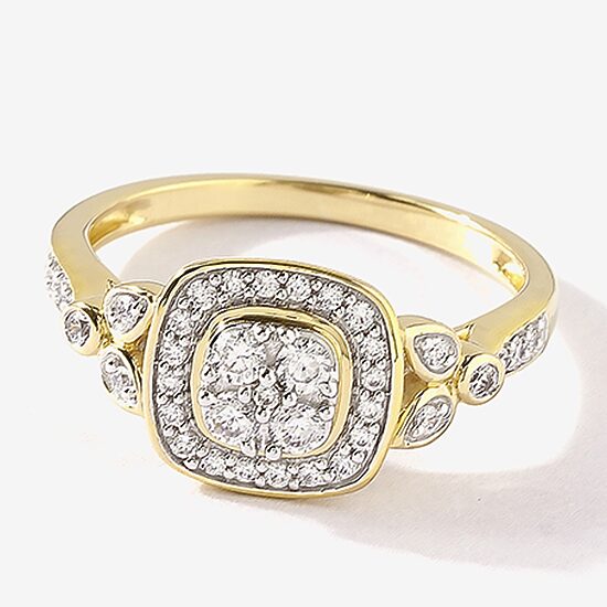 Certified (F / Si1) Womens 3/8 CT. T.W. Lab Grown White Diamond 10K Gold Cushion Side Stone Halo Engagement Ring