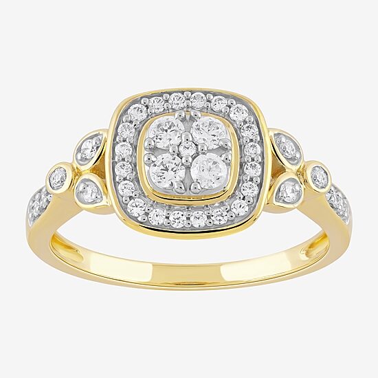 Certified (F / Si1) Womens 3/8 CT. T.W. Lab Grown White Diamond 10K Gold Cushion Side Stone Halo Engagement Ring