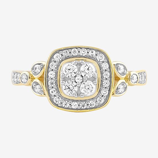 Certified (F / Si1) Womens 3/8 CT. T.W. Lab Grown White Diamond 10K Gold Cushion Side Stone Halo Engagement Ring