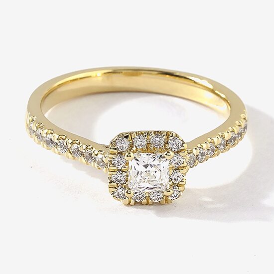 Certified (F / Si1) Womens 5/8 CT. T.W. Lab Grown White Diamond 10K Gold Cushion Side Stone Halo Engagement Ring