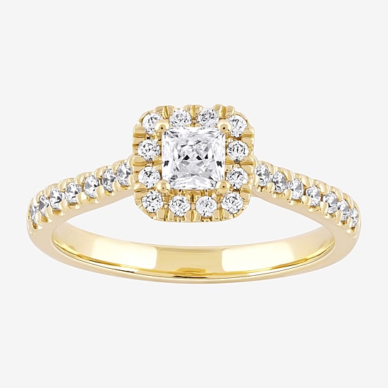 Certified (F / Si1) Womens 5/8 CT. T.W. Lab Grown White Diamond 10K Gold Cushion Side Stone Halo Engagement Ring