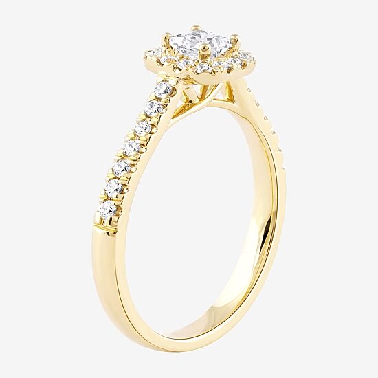 Certified (F / Si1) Womens 5/8 CT. T.W. Lab Grown White Diamond 10K Gold Cushion Side Stone Halo Engagement Ring