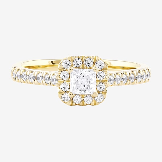 Certified (F / Si1) Womens 5/8 CT. T.W. Lab Grown White Diamond 10K Gold Cushion Side Stone Halo Engagement Ring