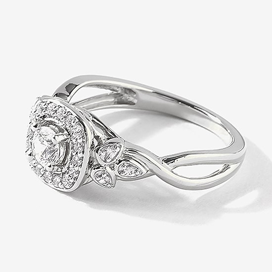 Certified (F / Si1) Womens 3/8 CT. T.W. Lab Grown White Diamond 10K Gold Cushion Side Stone Halo Engagement Ring