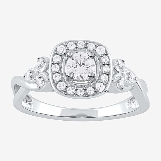 Certified (F / Si1) Womens 3/8 CT. T.W. Lab Grown White Diamond 10K Gold Cushion Side Stone Halo Engagement Ring