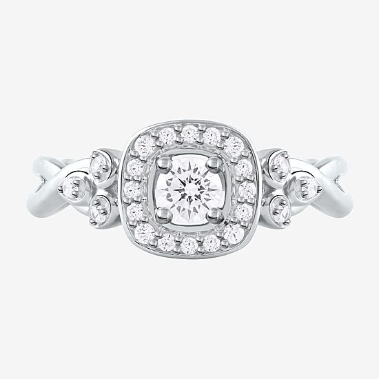 Certified (F / Si1) Womens 3/8 CT. T.W. Lab Grown White Diamond 10K Gold Cushion Side Stone Halo Engagement Ring