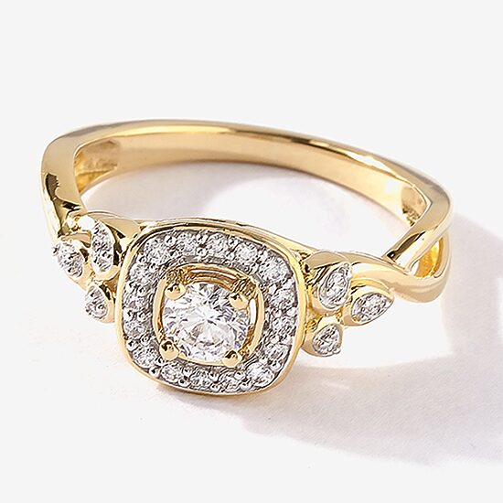 Certified (F / Si1) Womens 3/8 CT. T.W. Lab Grown White Diamond 10K Gold Cushion Side Stone Halo Engagement Ring