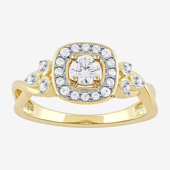 Certified (F / Si1) Womens 3/8 CT. T.W. Lab Grown White Diamond 10K Gold Cushion Side Stone Halo Engagement Ring
