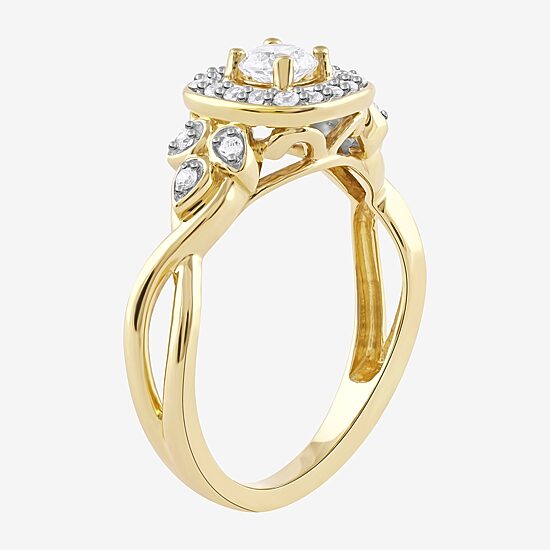 Certified (F / Si1) Womens 3/8 CT. T.W. Lab Grown White Diamond 10K Gold Cushion Side Stone Halo Engagement Ring