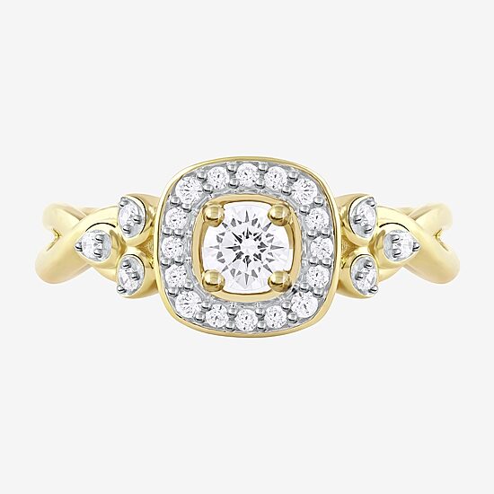 Certified (F / Si1) Womens 3/8 CT. T.W. Lab Grown White Diamond 10K Gold Cushion Side Stone Halo Engagement Ring