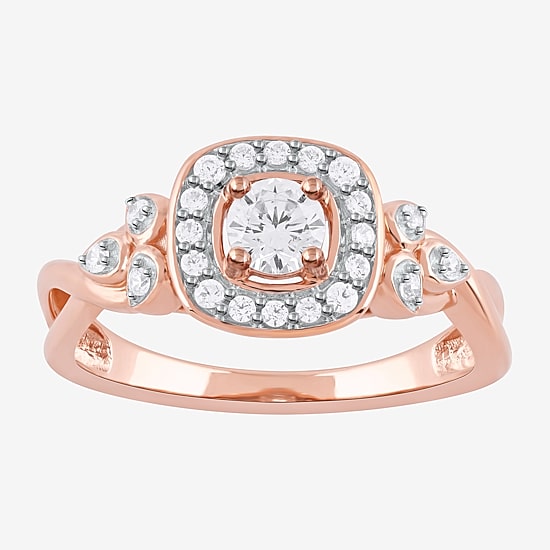 Certified (F / Si1) Womens 3/8 CT. T.W. Lab Grown White Diamond 10K Gold Cushion Side Stone Halo Engagement Ring