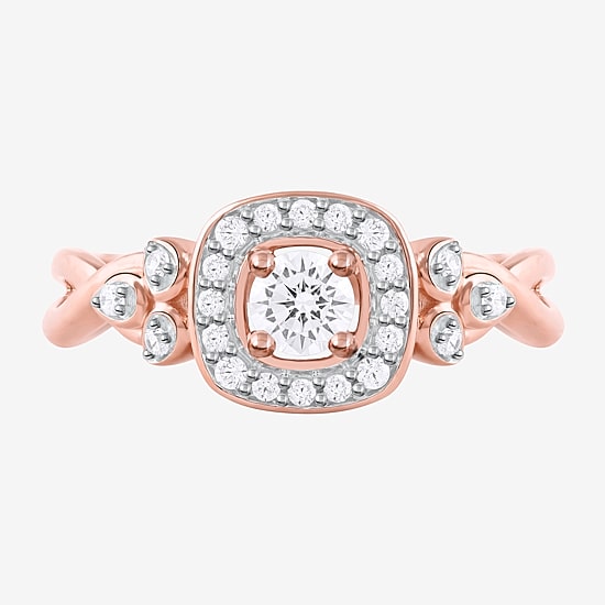 Certified (F / Si1) Womens 3/8 CT. T.W. Lab Grown White Diamond 10K Gold Cushion Side Stone Halo Engagement Ring