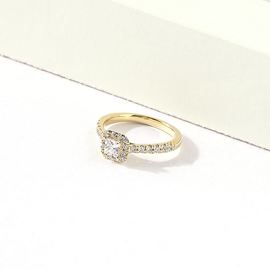 Certified (F / Si1) Womens 3/4 CT. T.W. Lab Grown White Diamond 10K Gold Cushion Side Stone Halo Engagement Ring