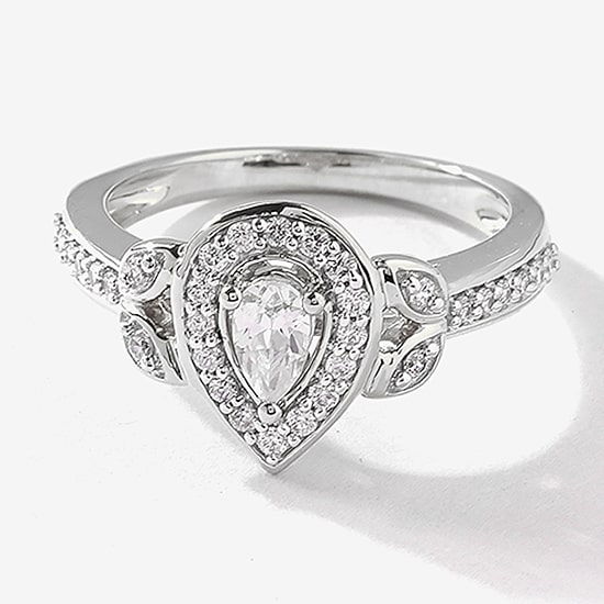 Certified (F / Si1) Womens 1/2 CT. T.W. Lab Grown White Diamond 10K Gold Pear Side Stone Halo Engagement Ring