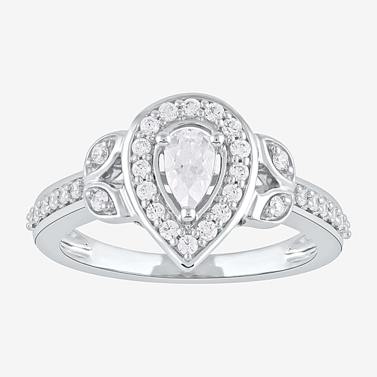 Certified (F / Si1) Womens 1/2 CT. T.W. Lab Grown White Diamond 10K Gold Pear Side Stone Halo Engagement Ring