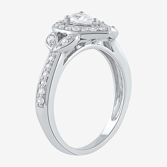Certified (F / Si1) Womens 1/2 CT. T.W. Lab Grown White Diamond 10K Gold Pear Side Stone Halo Engagement Ring