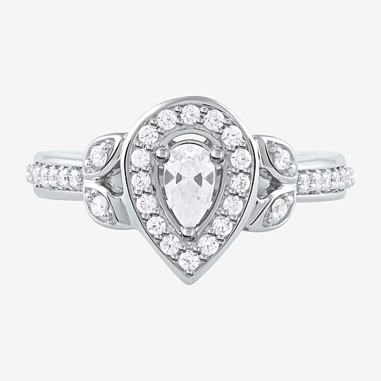 Certified (F / Si1) Womens 1/2 CT. T.W. Lab Grown White Diamond 10K Gold Pear Side Stone Halo Engagement Ring