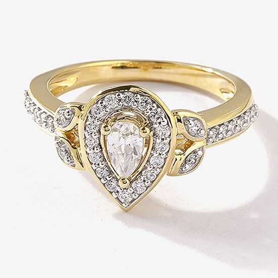 Certified (F / Si1) Womens 1/2 CT. T.W. Lab Grown White Diamond 10K Gold Pear Side Stone Halo Engagement Ring