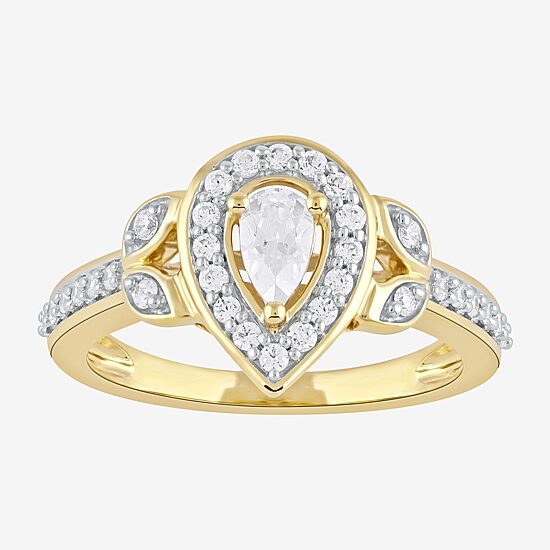 Certified (F / Si1) Womens 1/2 CT. T.W. Lab Grown White Diamond 10K Gold Pear Side Stone Halo Engagement Ring