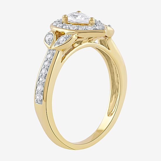 Certified (F / Si1) Womens 1/2 CT. T.W. Lab Grown White Diamond 10K Gold Pear Side Stone Halo Engagement Ring