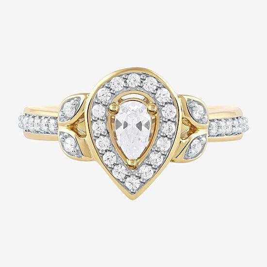 Certified (F / Si1) Womens 1/2 CT. T.W. Lab Grown White Diamond 10K Gold Pear Side Stone Halo Engagement Ring