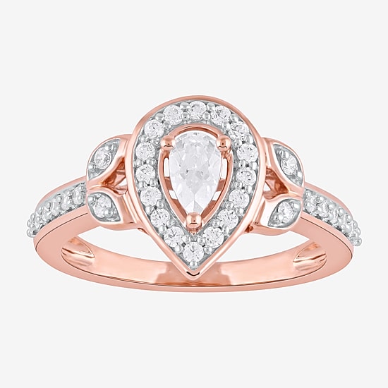 Certified (F / Si1) Womens 1/2 CT. T.W. Lab Grown White Diamond 10K Gold Pear Side Stone Halo Engagement Ring