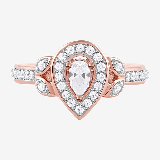 Certified (F / Si1) Womens 1/2 CT. T.W. Lab Grown White Diamond 10K Gold Pear Side Stone Halo Engagement Ring