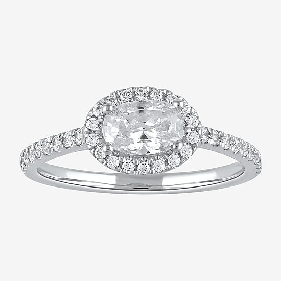 Certified (F / Si1) Womens 3/4 CT. T.W. Lab Grown White Diamond 10K Gold Oval Side Stone Halo Engagement Ring