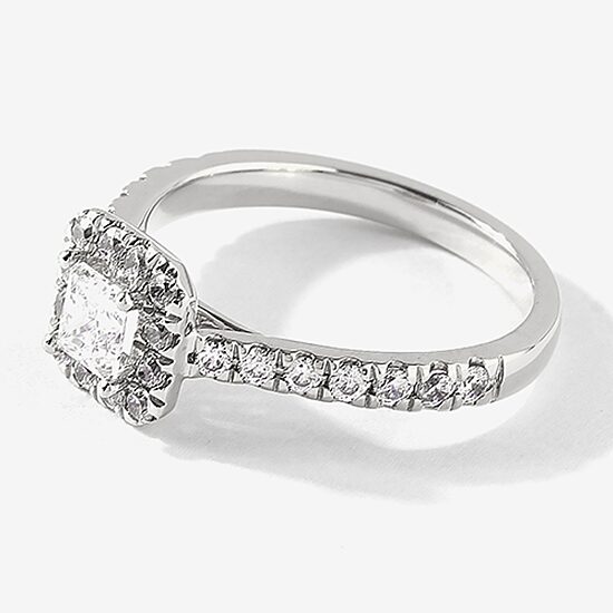Certified (F / Si1) Womens 1 CT. T.W. Lab Grown White Diamond 10K Gold Cushion Side Stone Halo Engagement Ring