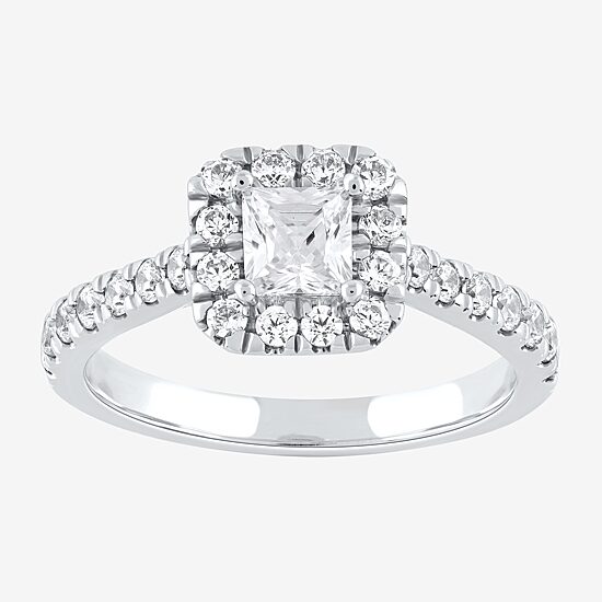 Certified (F / Si1) Womens 1 CT. T.W. Lab Grown White Diamond 10K Gold Cushion Side Stone Halo Engagement Ring