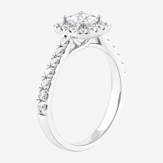 Certified (F / Si1) Womens 1 CT. T.W. Lab Grown White Diamond 10K Gold Cushion Side Stone Halo Engagement Ring