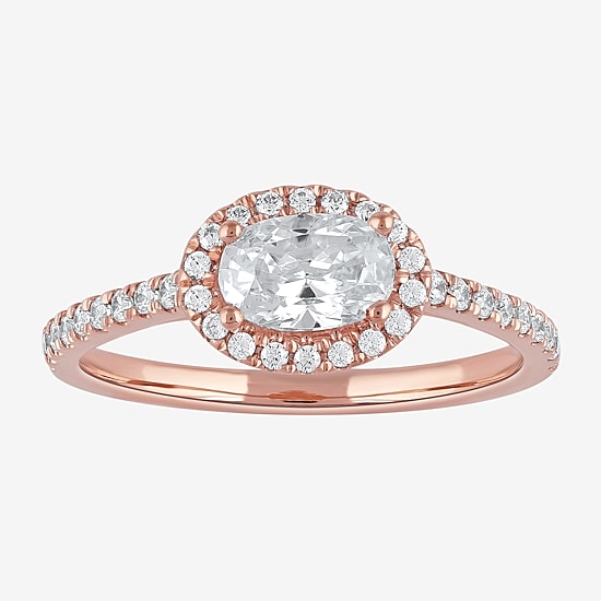 Certified (F / Si1) Womens 3/4 CT. T.W. Lab Grown White Diamond 10K Gold Oval Side Stone Halo Engagement Ring