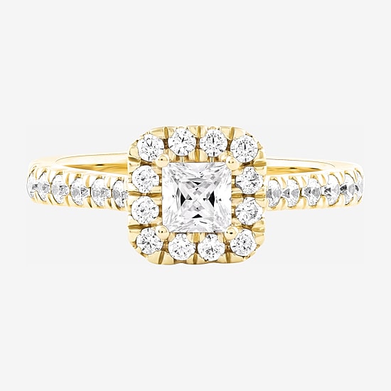 Certified (F / Si1) Womens 1 CT. T.W. Lab Grown White Diamond 10K Gold Cushion Side Stone Halo Engagement Ring