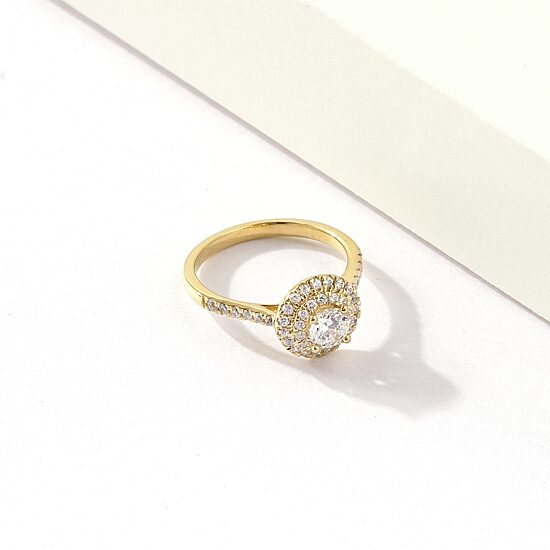Certified (F / Si1) Womens 3/4 CT. T.W. Lab Grown White Diamond 10K Gold Round Side Stone Halo Engagement Ring
