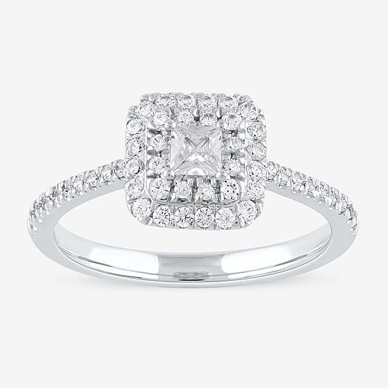 Certified (F / Si1) Womens 1/2 CT. T.W. Lab Grown White Diamond 10K Gold Cushion Side Stone Halo Engagement Ring