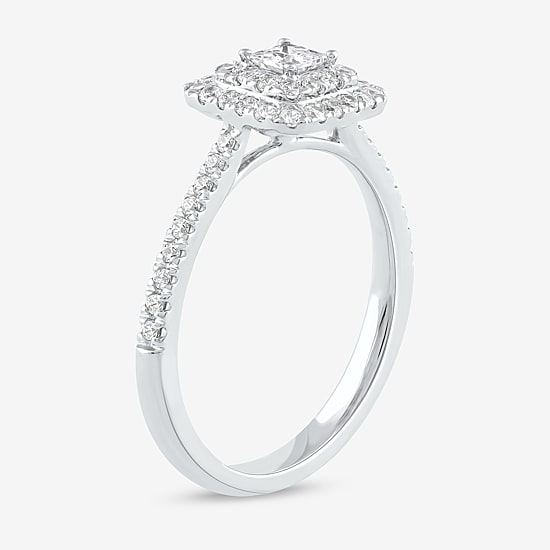 Certified (F / Si1) Womens 1/2 CT. T.W. Lab Grown White Diamond 10K Gold Cushion Side Stone Halo Engagement Ring