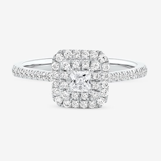 Certified (F / Si1) Womens 1/2 CT. T.W. Lab Grown White Diamond 10K Gold Cushion Side Stone Halo Engagement Ring