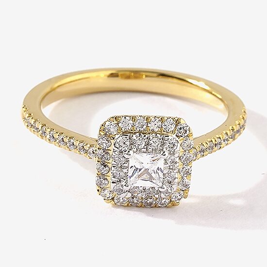 Certified (F / Si1) Womens 1/2 CT. T.W. Lab Grown White Diamond 10K Gold Cushion Side Stone Halo Engagement Ring