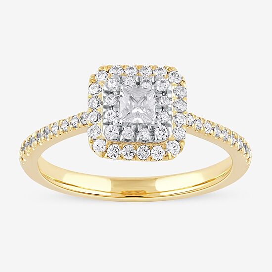Certified (F / Si1) Womens 1/2 CT. T.W. Lab Grown White Diamond 10K Gold Cushion Side Stone Halo Engagement Ring