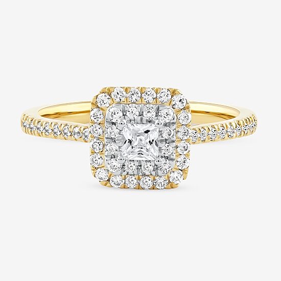 Certified (F / Si1) Womens 1/2 CT. T.W. Lab Grown White Diamond 10K Gold Cushion Side Stone Halo Engagement Ring