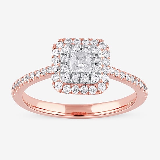 Certified (F / Si1) Womens 1/2 CT. T.W. Lab Grown White Diamond 10K Gold Cushion Side Stone Halo Engagement Ring